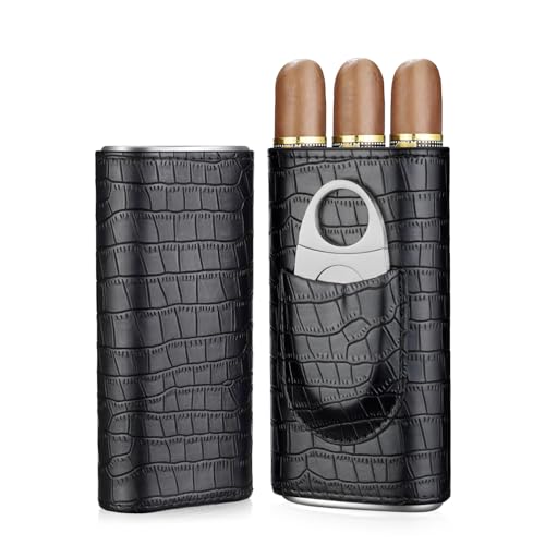 3-Finger Cigar Case with Cutter Crocodile Pattern Leather Cigar Humidor Case Portable Travel Cigar Case for Men