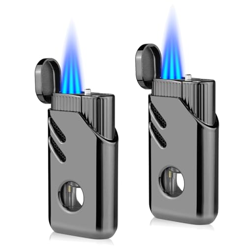 Cgaplus 2 Pack Torch Lighter Triple Jet Flame Butane Refillable with Fuel Level Window Adjustable Windproof Torch Lighters for Kitchen,BBQ,Men,Gifts (Gas not Included)