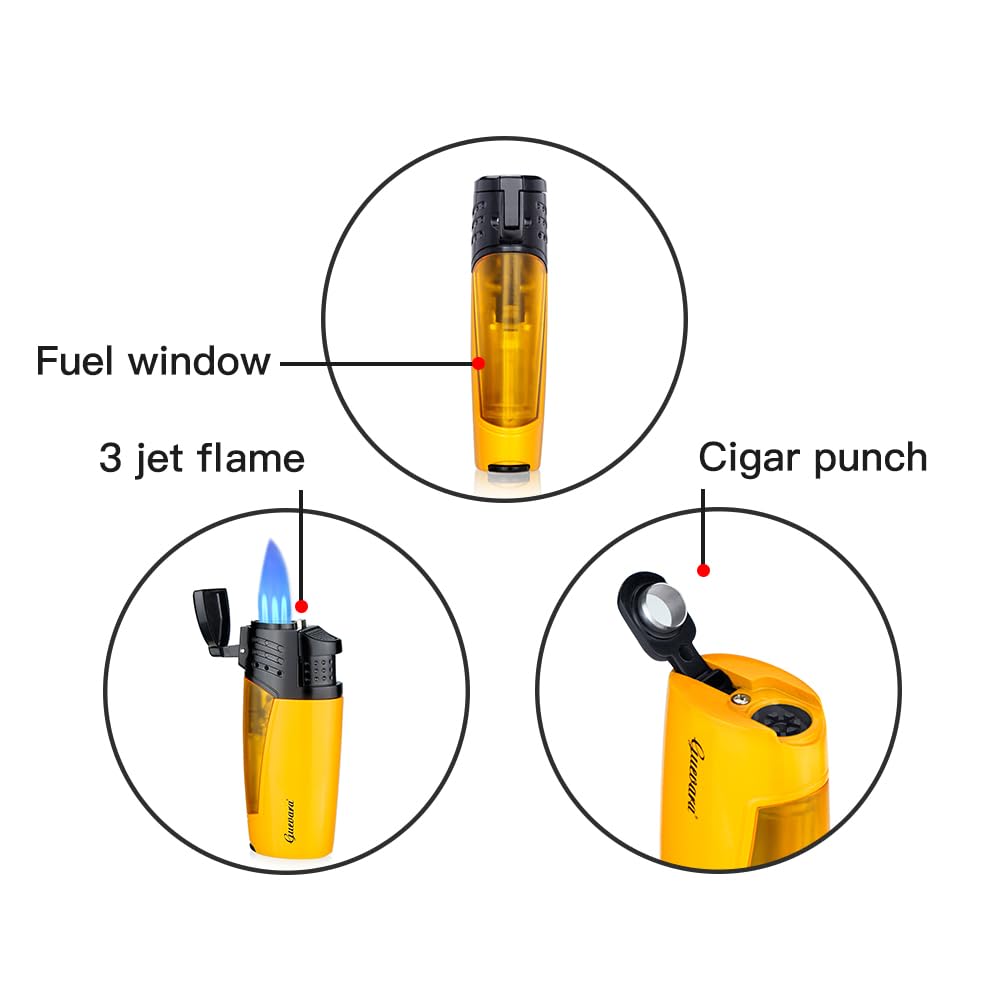 cgaplus Cigar Lighter with Punch Triple Jet Flame Butane Refillable Windproof Torch Lighters(without Gas)