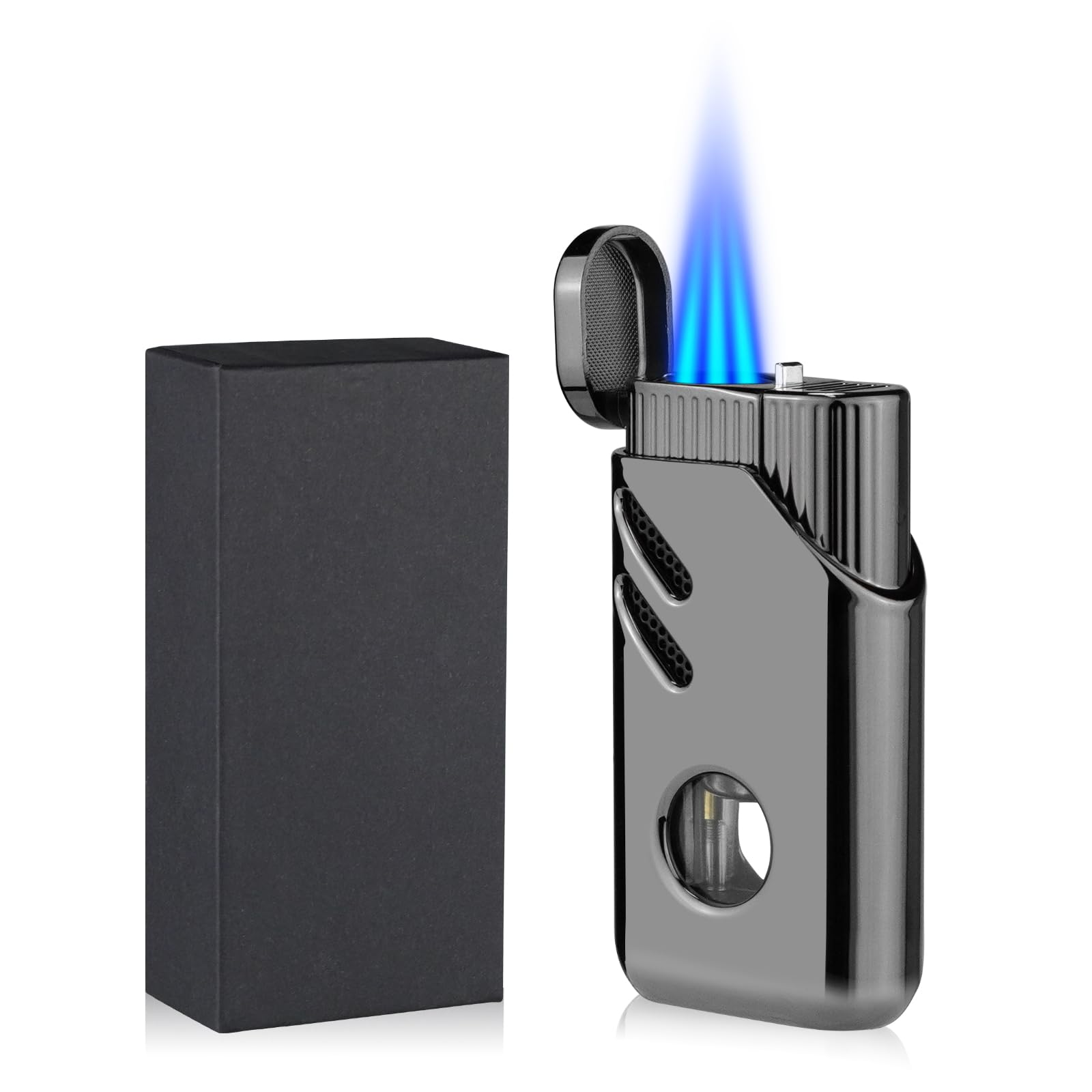 Cgaplus 2 Pack Torch Lighter Triple Jet Flame Butane Refillable with Fuel Level Window Adjustable Windproof Torch Lighters for Kitchen,BBQ,Men,Gifts (Gas not Included)