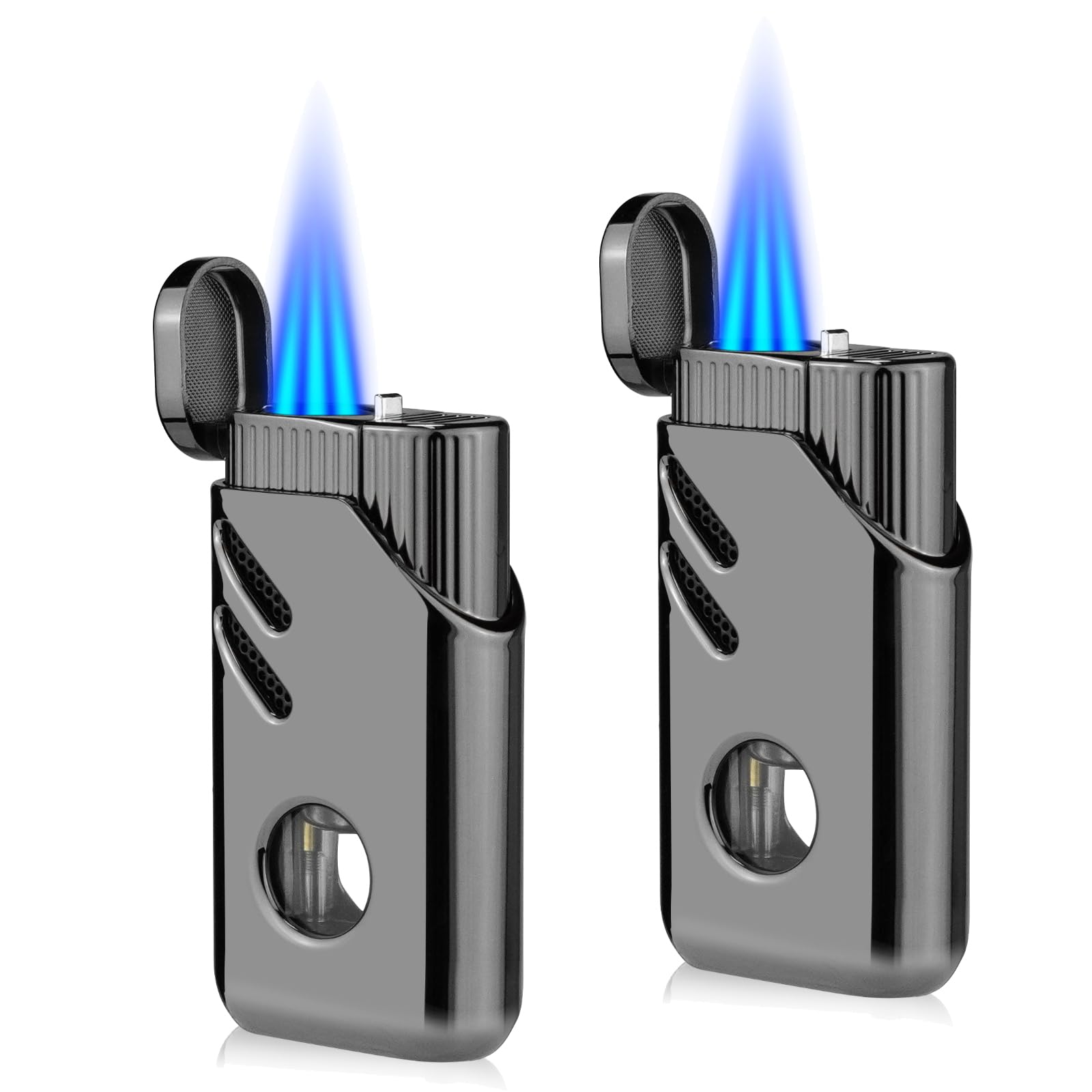 Cgaplus 2 Pack Torch Lighter Triple Jet Flame Butane Refillable with Fuel Level Window Adjustable Windproof Torch Lighters for Kitchen,BBQ,Men,Gifts (Gas not Included)