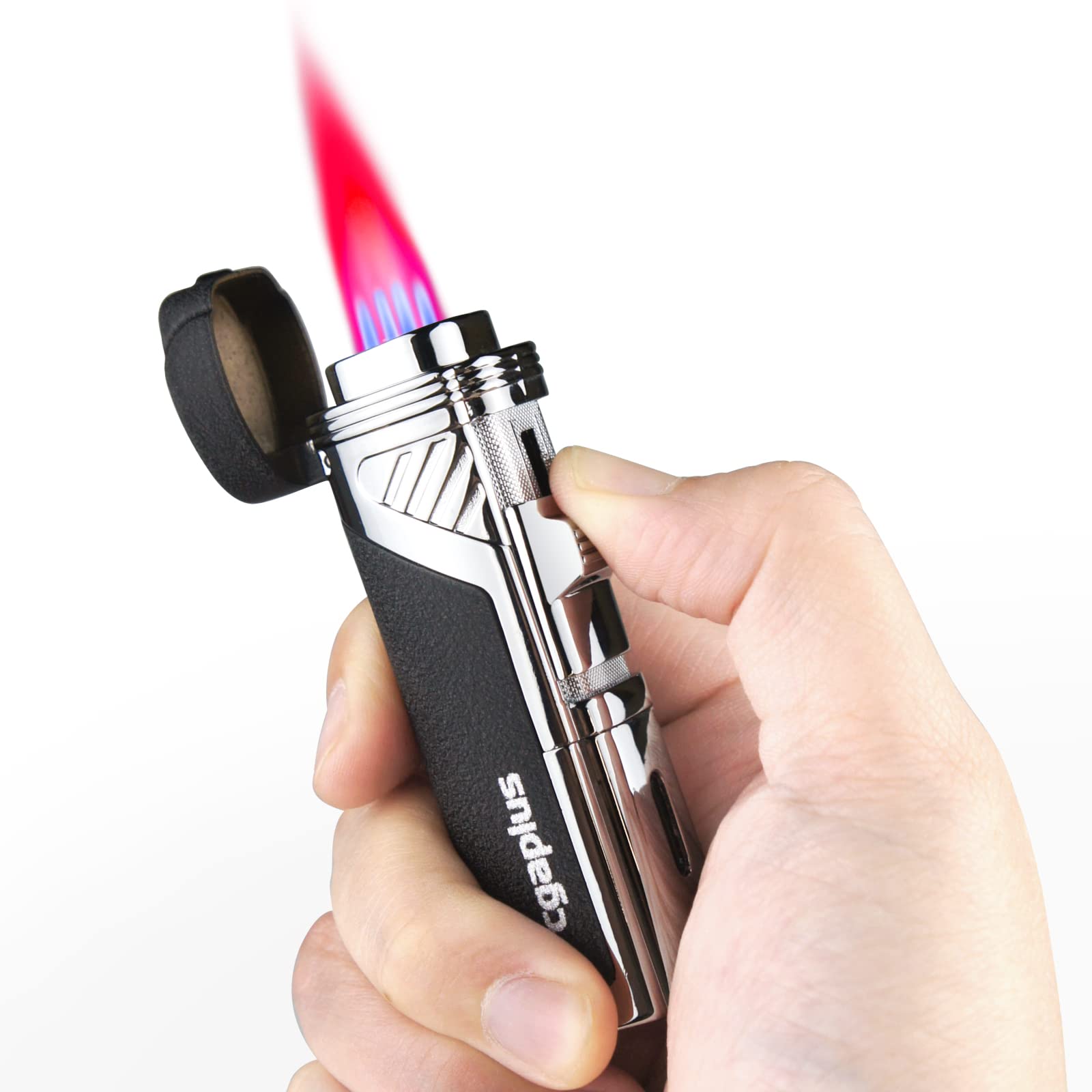 Cigar Lighters Torch with Punch Four Flame Butane Refillable High Quality Cigar Lighter for Men(without gas)