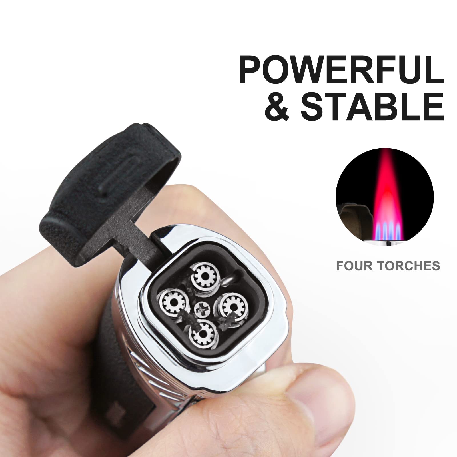 Cigar Lighters Torch with Punch Four Flame Butane Refillable High Quality Cigar Lighter for Men(without gas)