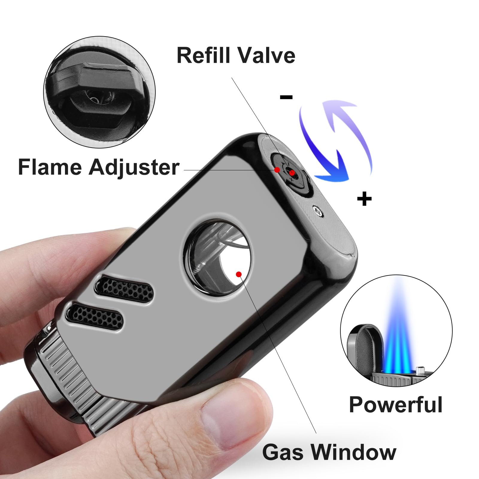 Cgaplus 2 Pack Torch Lighter Triple Jet Flame Butane Refillable with Fuel Level Window Adjustable Windproof Torch Lighters for Kitchen,BBQ,Men,Gifts (Gas not Included)