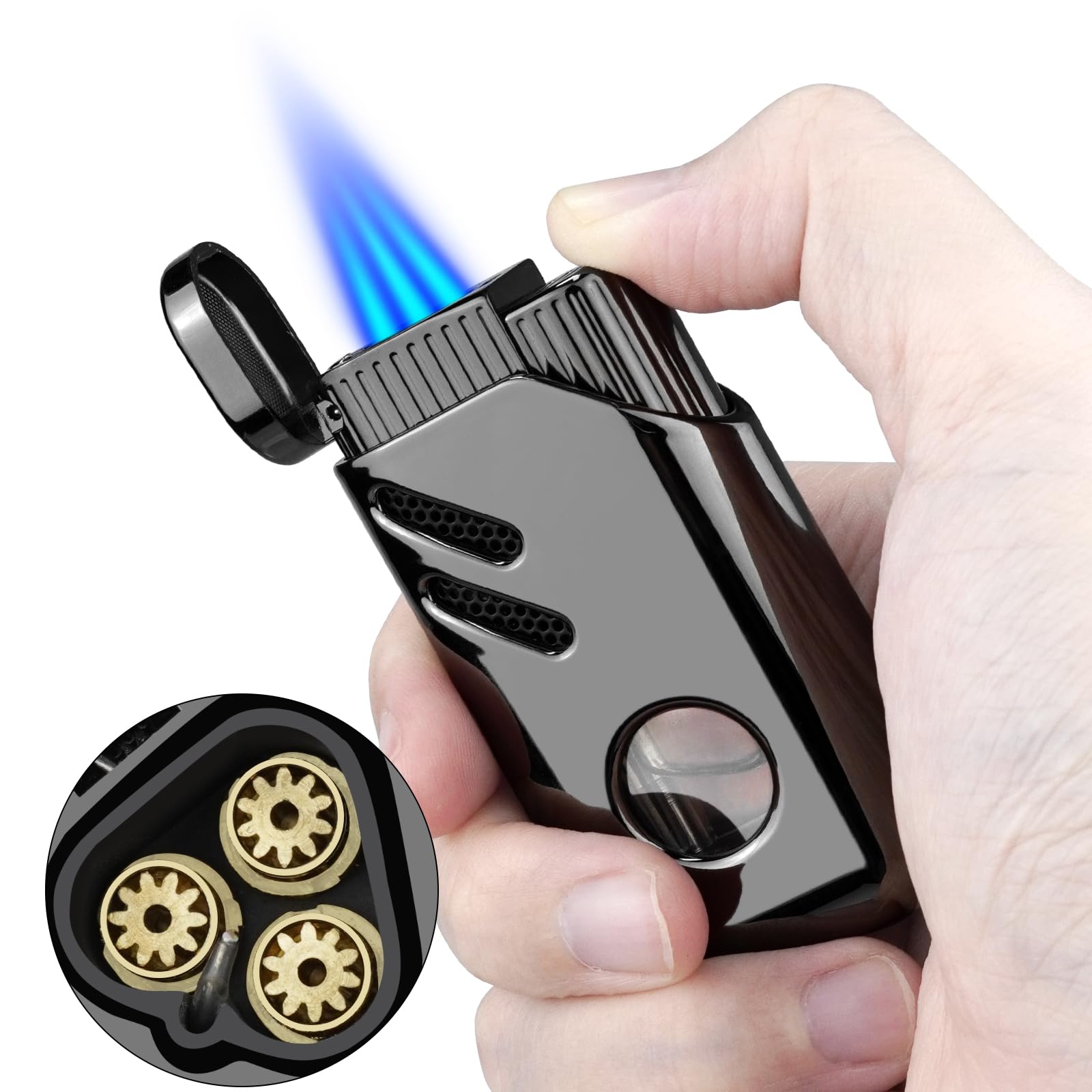 Cgaplus 2 Pack Torch Lighter Triple Jet Flame Butane Refillable with Fuel Level Window Adjustable Windproof Torch Lighters for Kitchen,BBQ,Men,Gifts (Gas not Included)