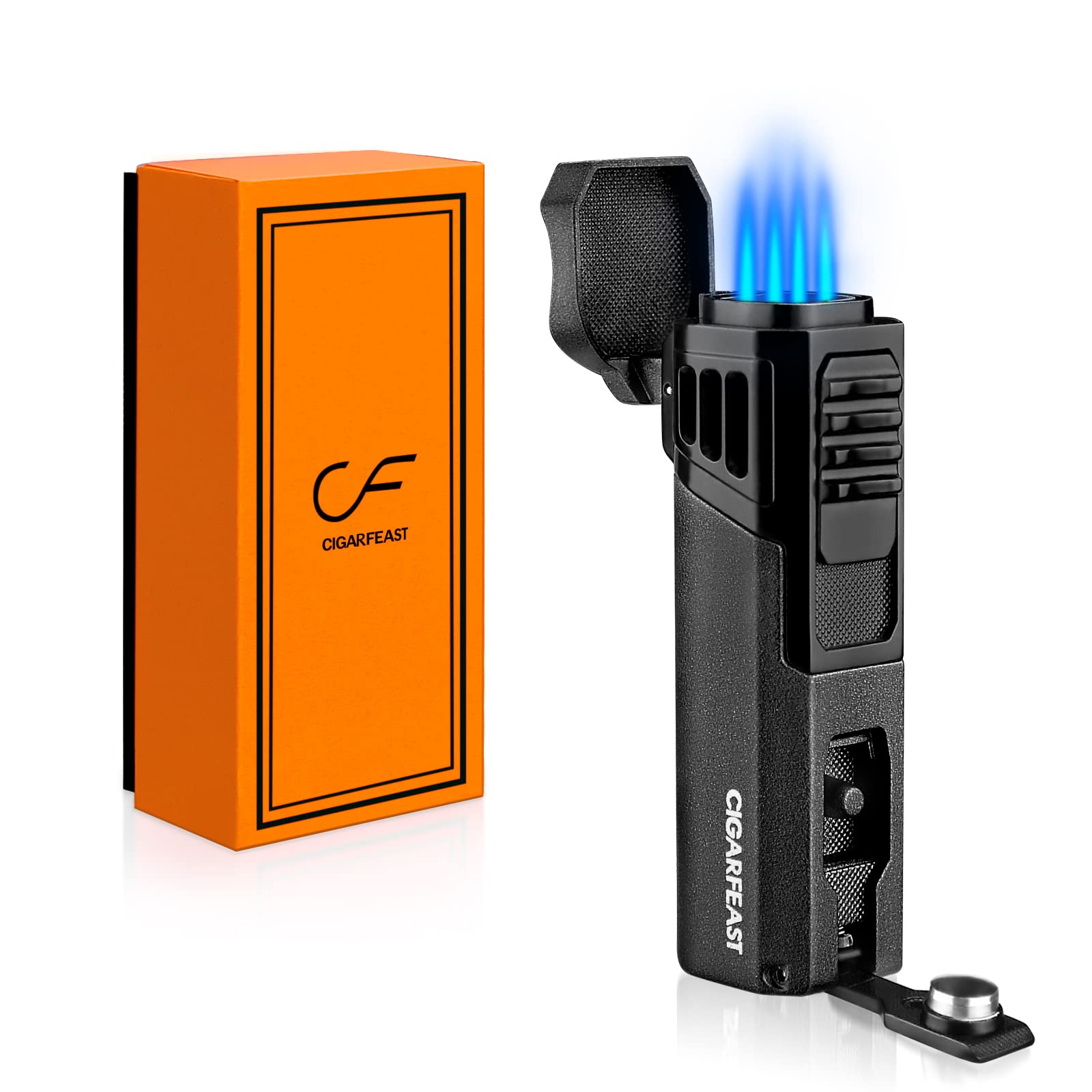 Cigar Torch Lighter Butane Refillable Lighters for Smoking Weed Windproof Lighters with Cigar Punch Mini Torch Holder on Top