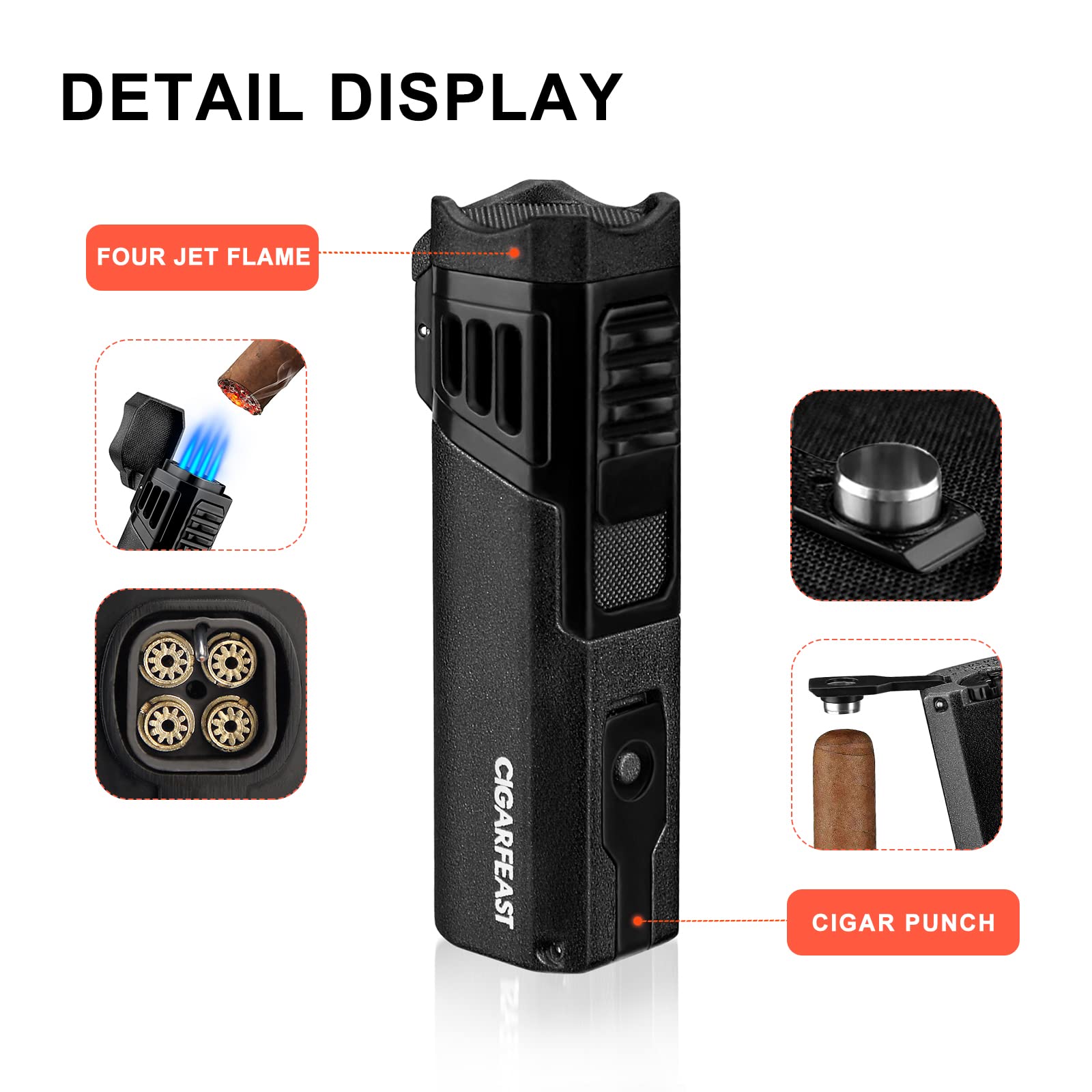 Cigar Torch Lighter Butane Refillable Lighters for Smoking Weed Windproof Lighters with Cigar Punch Mini Torch Holder on Top