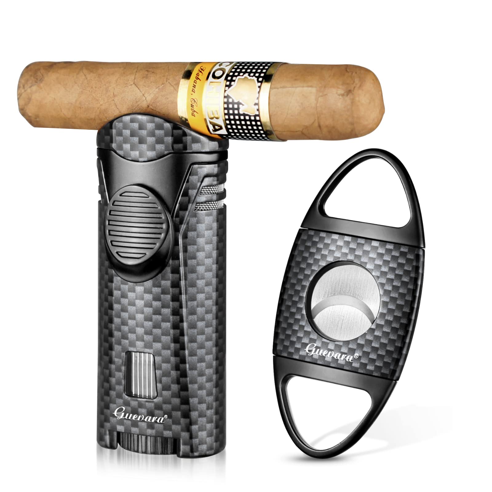 Cigar Lighter Set Butane Refillable Cigar Cutter Sharpening Blade Engraved Guillotine Set