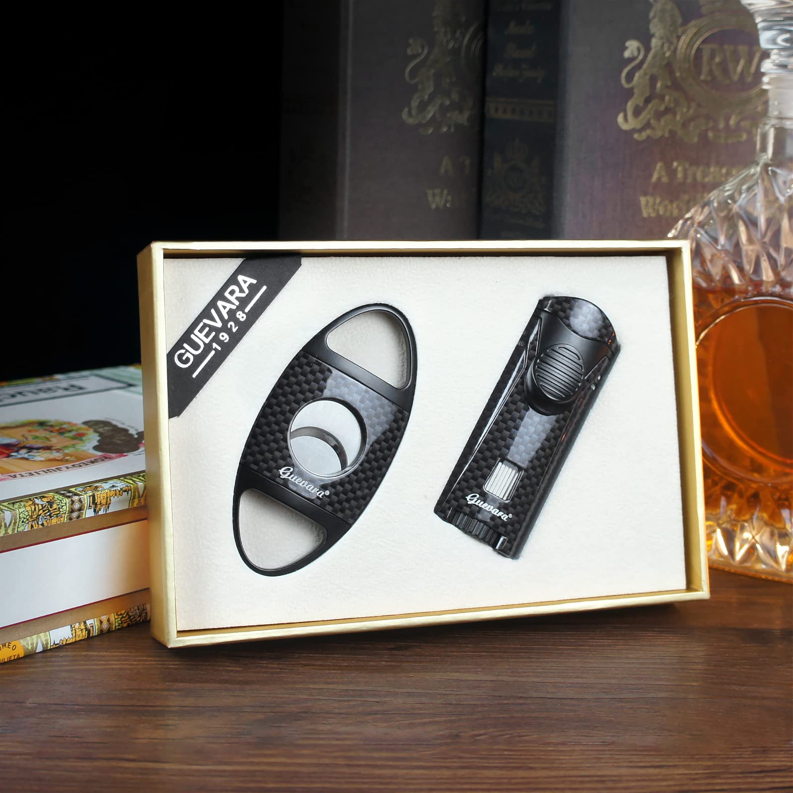 Cigar Lighter Set Butane Refillable Cigar Cutter Sharpening Blade Engraved Guillotine Set