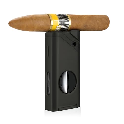 Cigar Lighter,single Jet Flame Torch Lighter, Refillable Butane Lighter with Cigar Cutter V Cut Cigar Punch Cigar Holder Cigar Draw Enhancer, Great Cigar Accessories