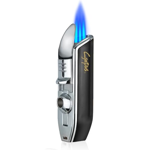 Cigar Torch Lighters Triple Jet Butane Refillable Lighter with Punch Windproof Lighter Without Gas(Black)