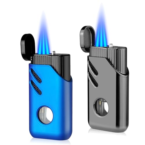 Cgaplus 2 Pack Torch Lighter Triple Jet Flame Butane Refillable with Fuel Level Window Adjustable Windproof Torch Lighters for Kitchen,BBQ,Men,Gifts (Gas not Included)