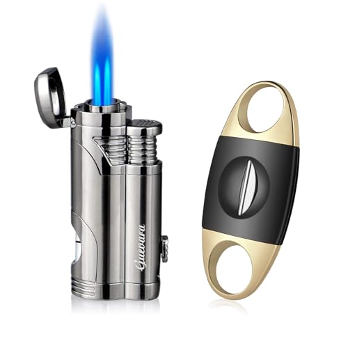 GUEVARA Cigar Cutter & Lighter Set - Butane Torch Lighter with Punch, Windproof Double Jet, Premium Cigar Accessories