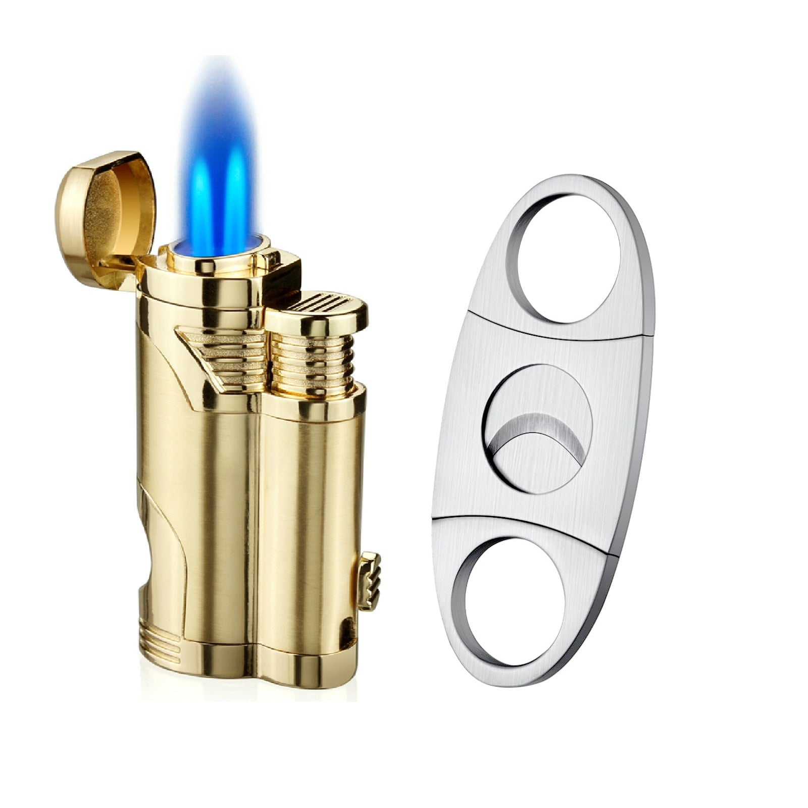 GUEVARA Cigar Cutter & Lighter Set - Butane Torch Lighter with Punch, Windproof Double Jet, Premium Cigar Accessories