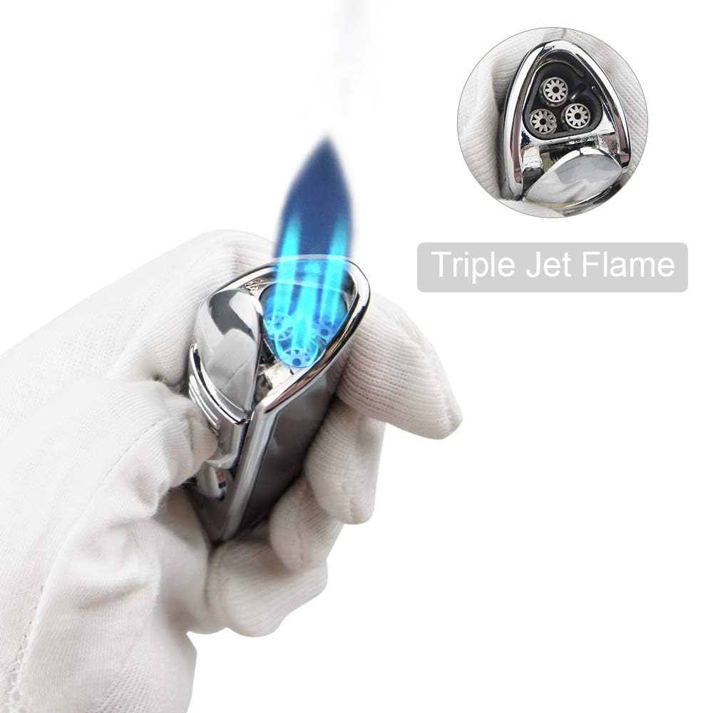 Cigar Torch Lighters Triple Jet Butane Refillable Lighter with Punch Windproof Lighter Without Gas(Black)