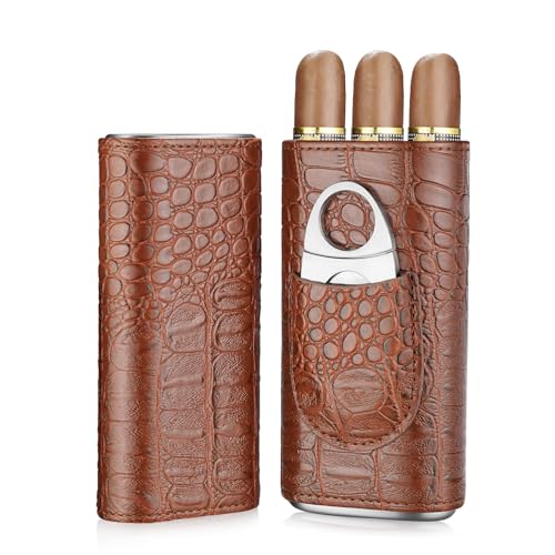 3-Finger Cigar Case with Cutter Crocodile Pattern Leather Cigar Humidor Case Portable Travel Cigar Case for Men