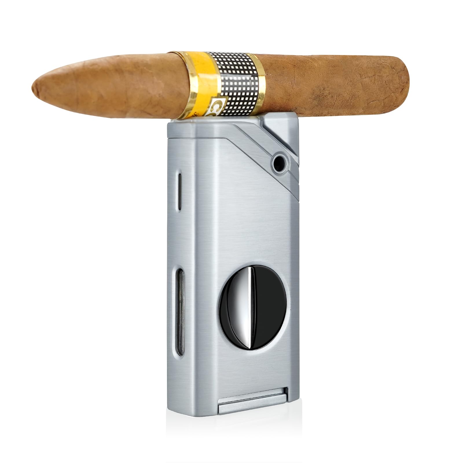 Cigar Lighter,single Jet Flame Torch Lighter, Refillable Butane Lighter with Cigar Cutter V Cut Cigar Punch Cigar Holder Cigar Draw Enhancer, Great Cigar Accessories