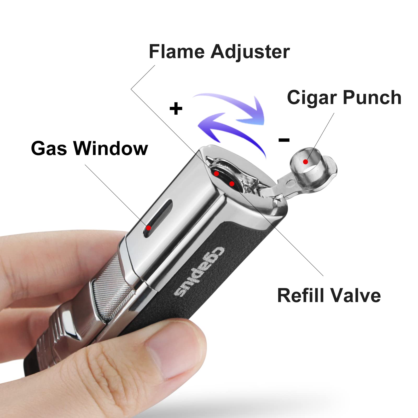 Cigar Lighters Torch with Punch Four Flame Butane Refillable High Quality Cigar Lighter for Men(without gas)