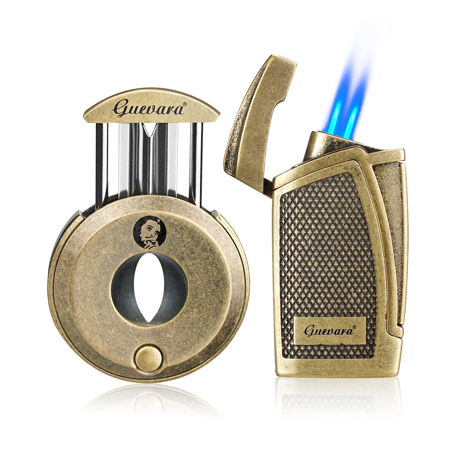 Cigar Cutter and Lighter Set Sharpening Blade Engraved Cigar Guillotine Lighter Torch with Stand Windproof Single Torch Butane Refillable Scorch Lighters