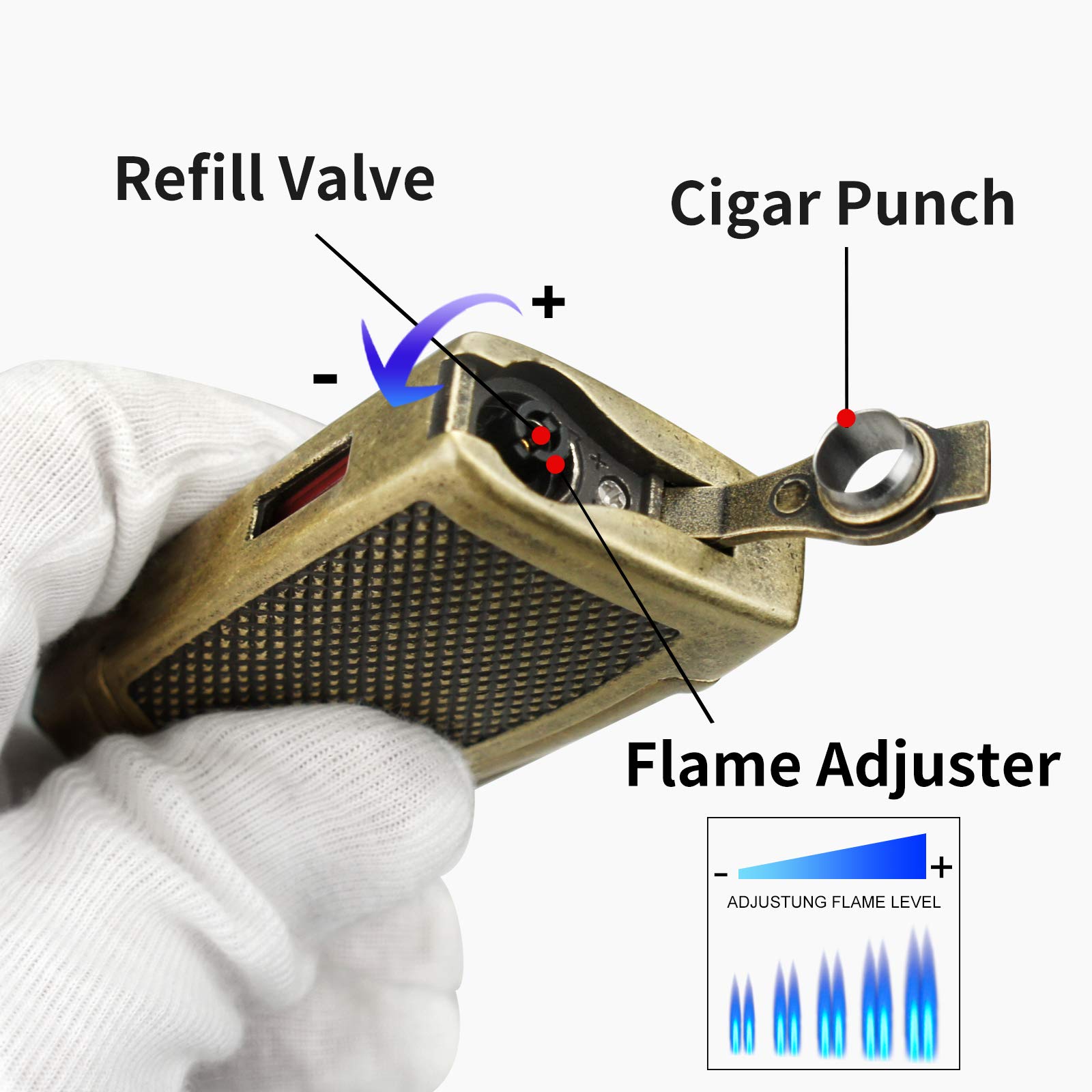 Cigar Cutter and Lighter Set Sharpening Blade Engraved Cigar Guillotine Lighter Torch with Stand Windproof Single Torch Butane Refillable Scorch Lighters
