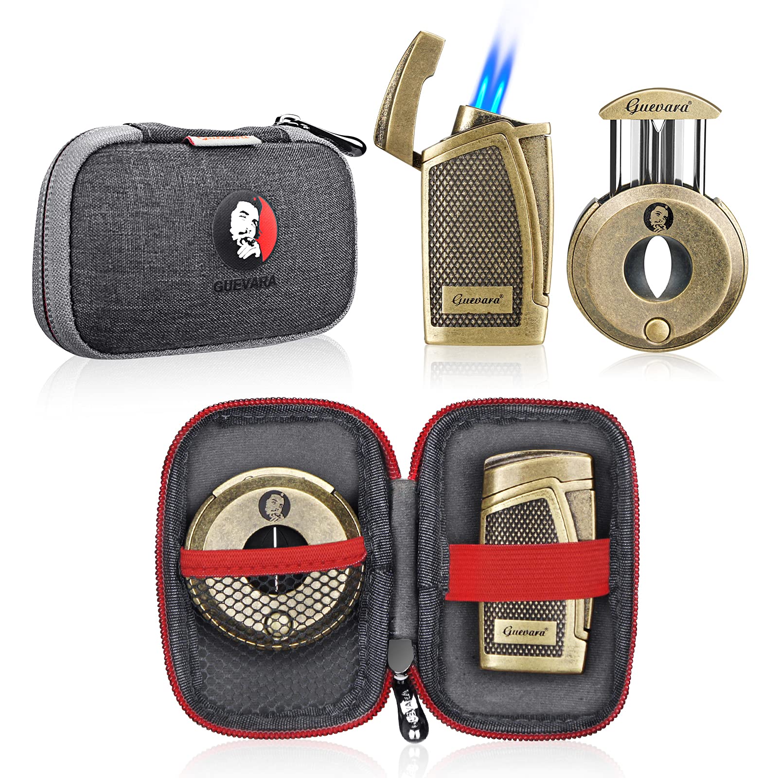 Cigar Cutter and Lighter Set Sharpening Blade Engraved Cigar Guillotine Lighter Torch with Stand Windproof Single Torch Butane Refillable Scorch Lighters