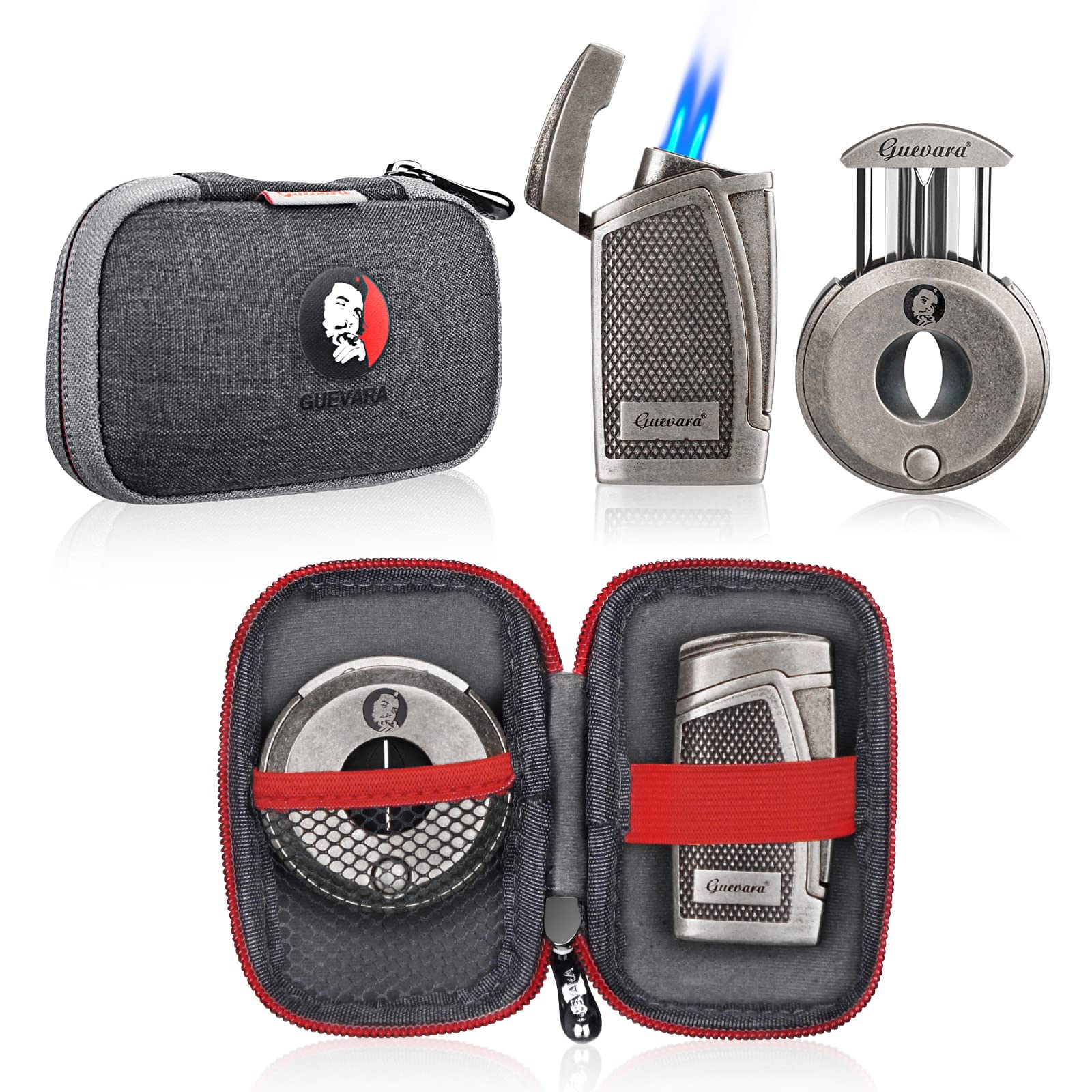 Cigar Cutter and Lighter Set Sharpening Blade Engraved Cigar Guillotine Lighter Torch with Stand Windproof Single Torch Butane Refillable Scorch Lighters